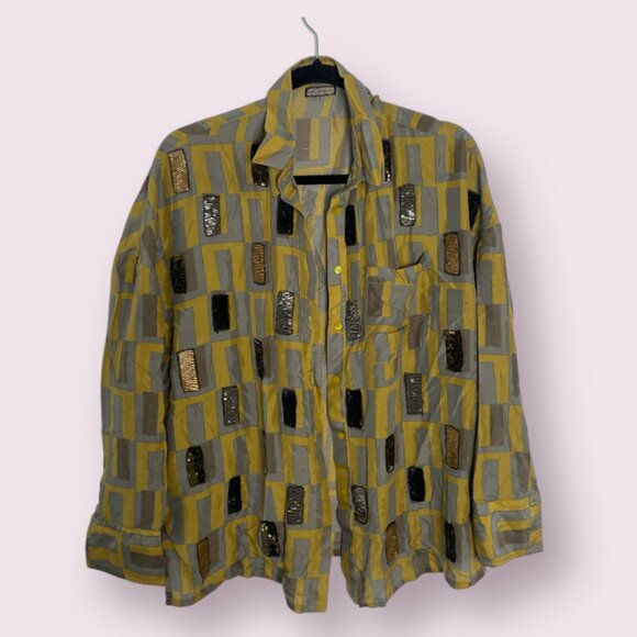 Vintage Sparkle Shine Hipster Hippie Artsy Geo Geometrical Button Boho Blouse - Picture 1 of 5